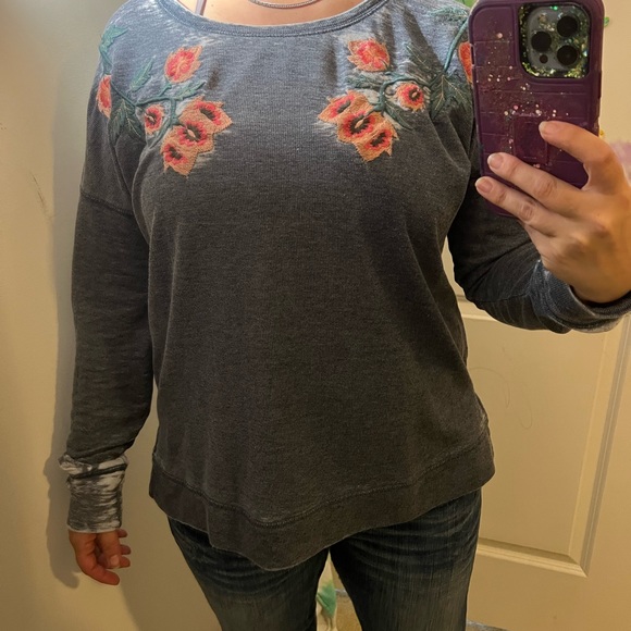 GORGEOUS LUCKY BRAND TOP L LARGE EMBROIDERED GRAY BURNOUT 792 PINK ROSES WHITE - Picture 5 of 14